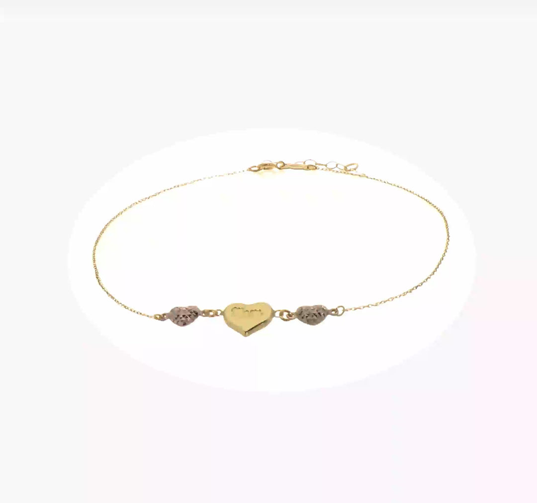 Tobillera de Corazones Puffed de Dos Tonos con Corte Diamante "MOM" de 14K con Extensión de 1 Pulgada