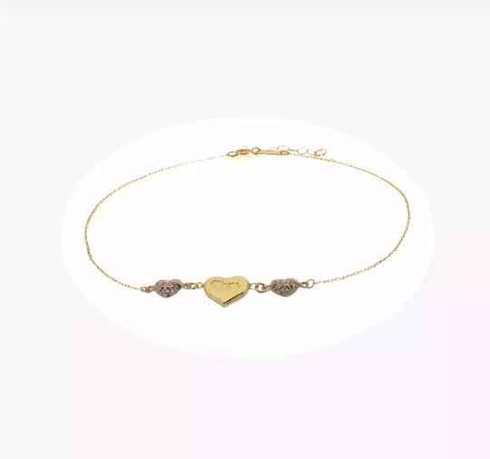 Tobillera de Corazones Puffed de Dos Tonos con Corte Diamante "MOM" de 14K con Extensión de 1 Pulgada