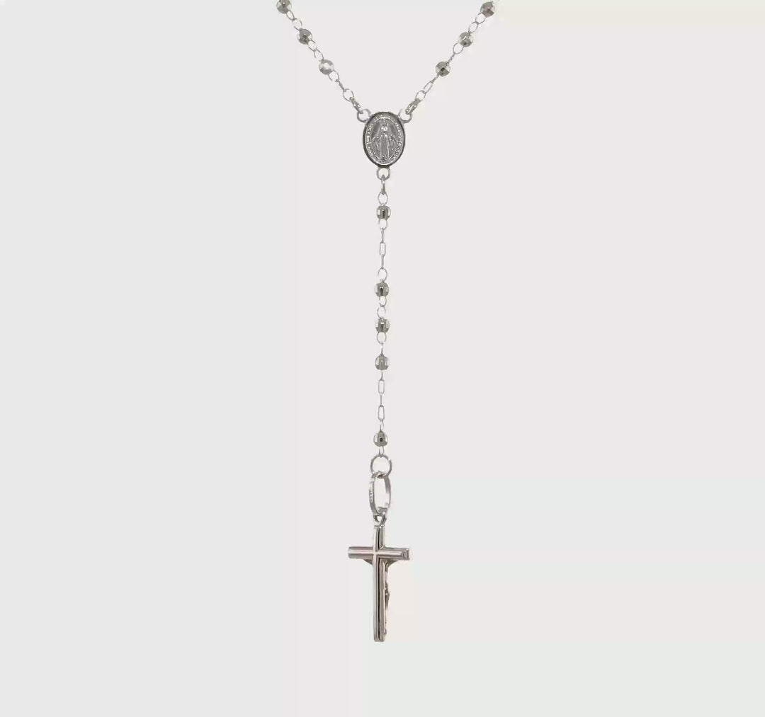 Collar de Rosario en Oro Blanco de 14K con Cuentas Facetadas Pulidas de 18 Pulgadas