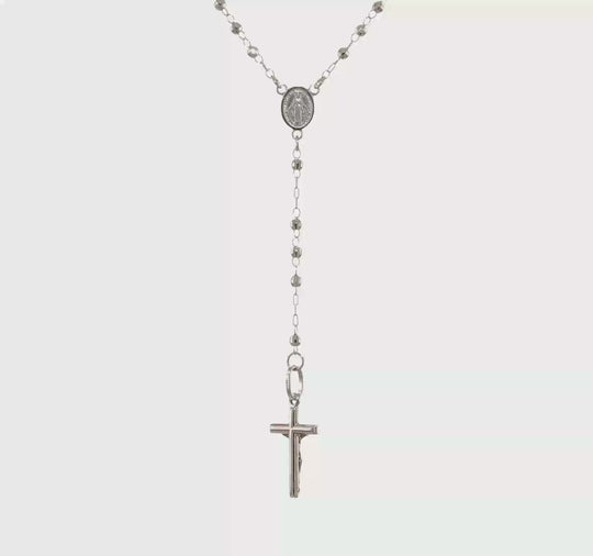 Collar de Rosario en Oro Blanco de 14K con Cuentas Facetadas Pulidas de 18 Pulgadas