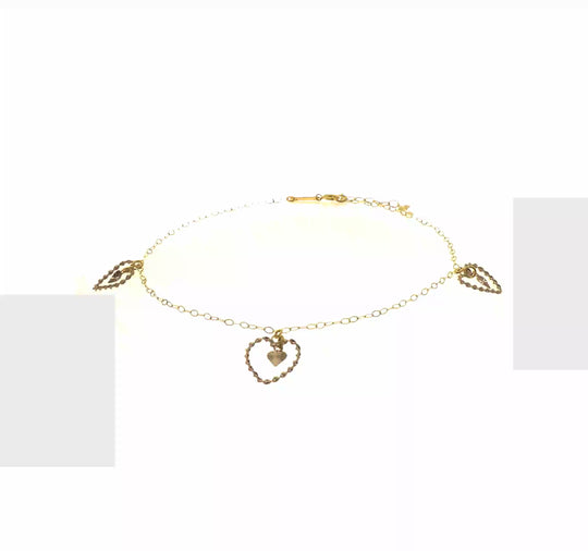 Tobillera de Oro de Dos Tonos 14K con Corazones Retorcidos y Diamond-Cut de 9 Pulgadas + 1 Pulgada de Extensor