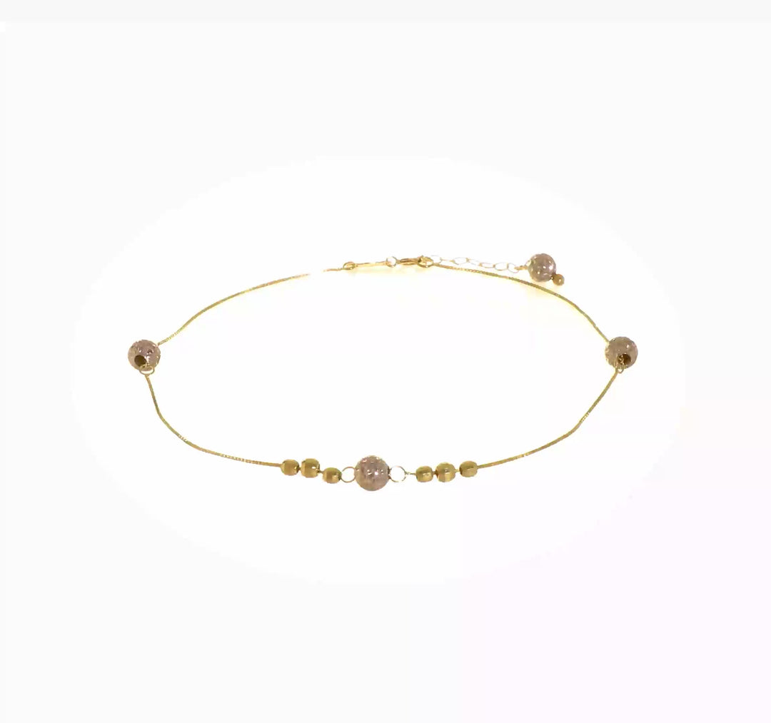 Tobillera 14K Bicolor con Cuentas 9 Pulgadas Más Extensión de 1 Pulgada