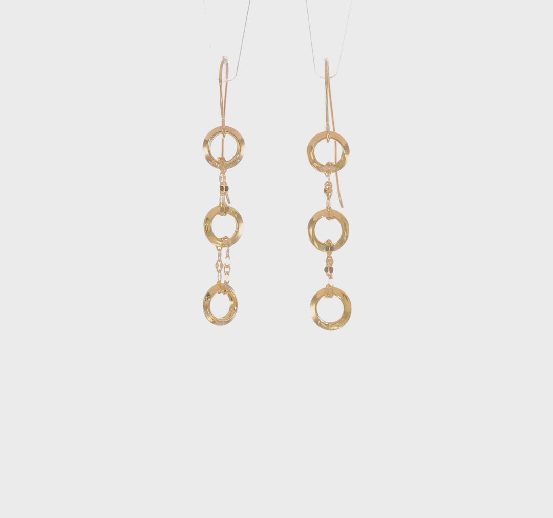 Aretes Colgantes de Tres Círculos en Oro Amarillo de 14K