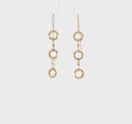 Aretes Colgantes de Tres Círculos en Oro Amarillo de 14K