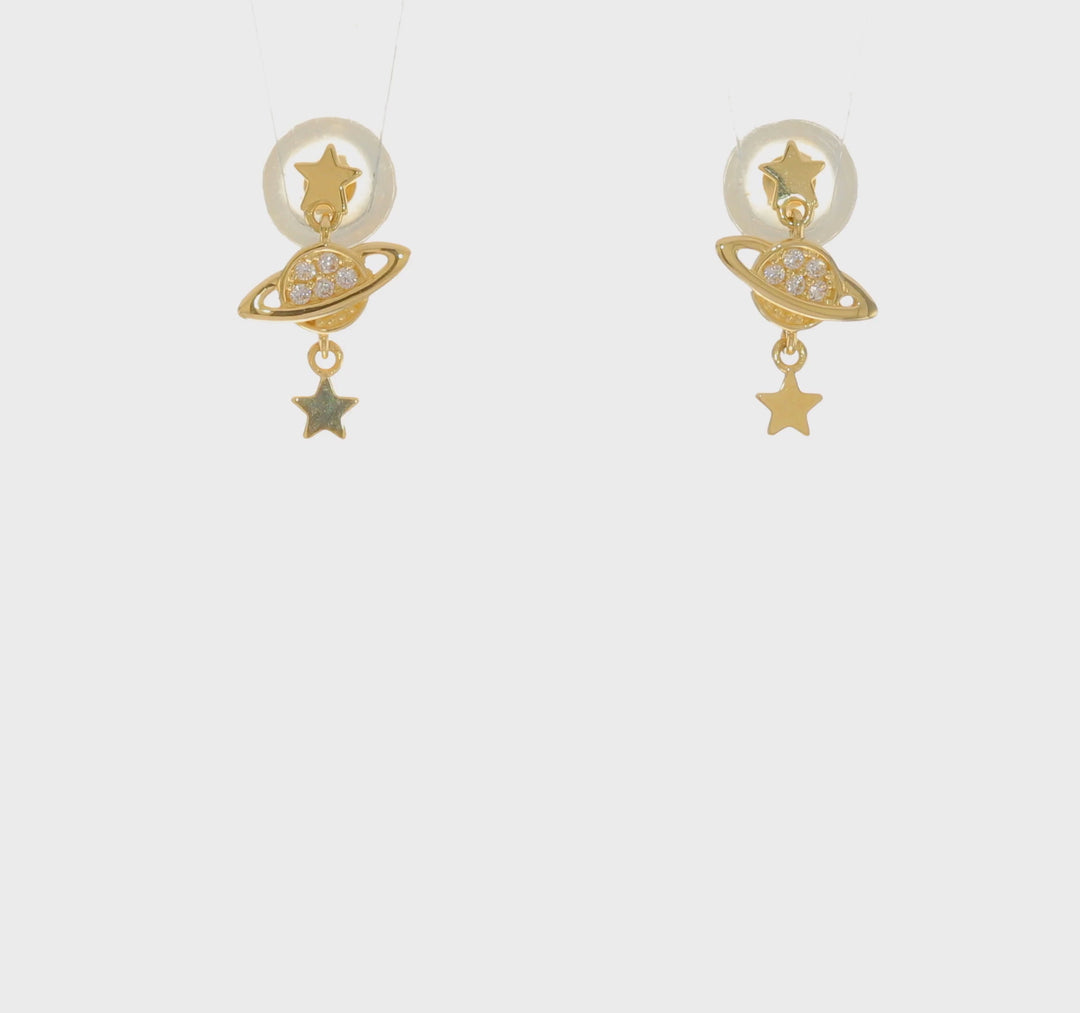 Pendientes Colgantes de Oro Amarillo de 14k con Zirconia Cúbica (CZ) de Diseño de Saturno y Estrellas