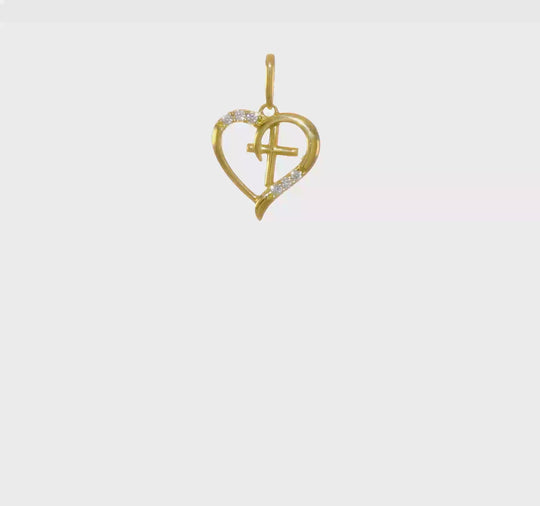 Colgante de Corazón Abierto con Cruz y CZ en Oro Amarillo de 14k Pulido