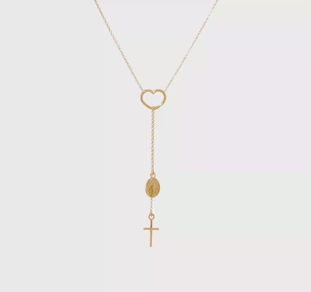 Collar en Oro Amarillo de 14K con Corazón Pulido, Cruz Colgante y Medalla Religiosa