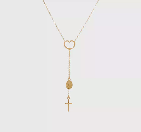 Collar en Oro Amarillo de 14K con Corazón Pulido, Cruz Colgante y Medalla Religiosa