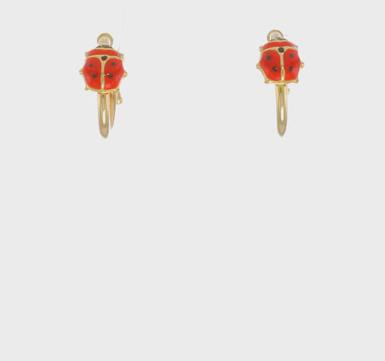 Aretes de Aro con Poste y Mariquita Esmaltada en Oro Amarillo de 14k
