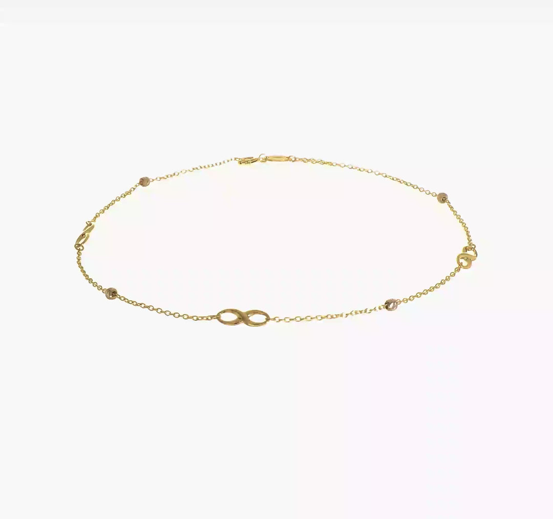 Tobillera 14K Dos Tonos con Cuentas y Elementos en Forma de Infinito, 10 Pulgadas + 1 Pulgada de Extensión