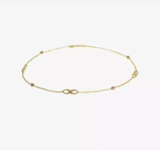 Tobillera 14K Dos Tonos con Cuentas y Elementos en Forma de Infinito, 10 Pulgadas + 1 Pulgada de Extensión