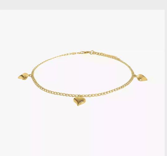 Tobillera de Oro de 14K con 3 Corazones Inflados Pulidos de 9 Pulgadas + Extensión de 1 Pulgada