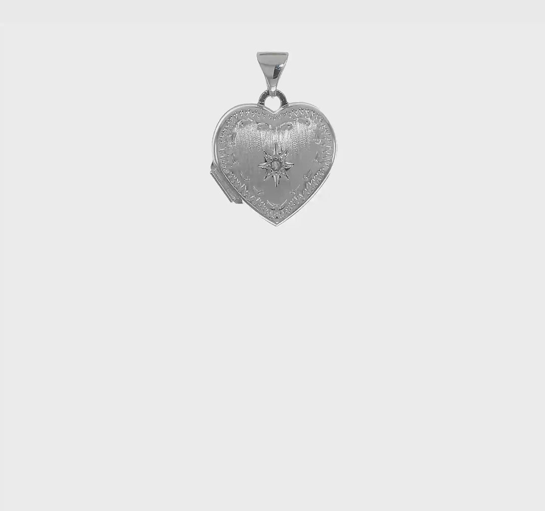 14k White Gold Heart Locket with 15mm Brushed Diamond Star