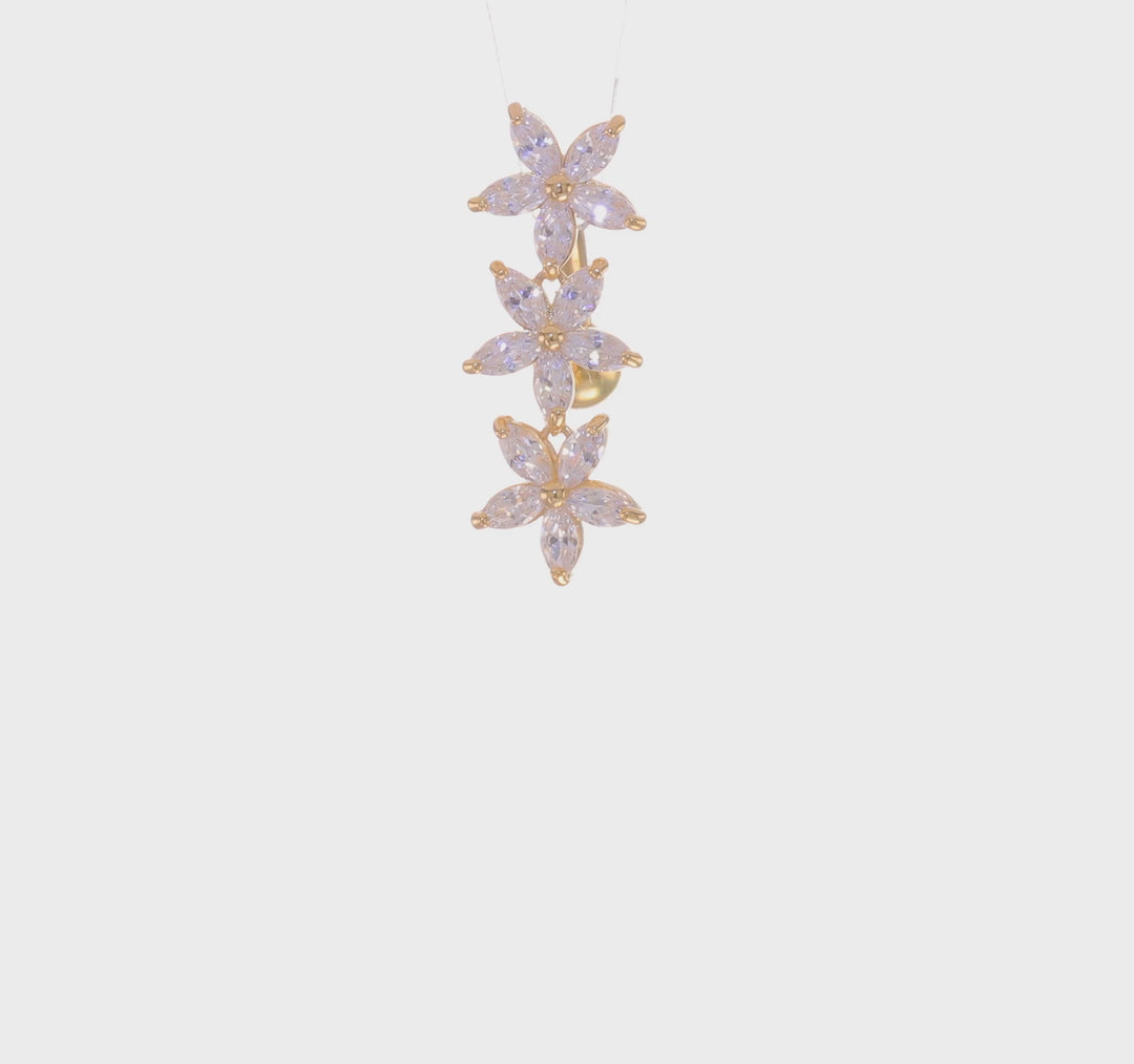 14k Gold Plated Belly Button Ring with 3 CZ Flowers