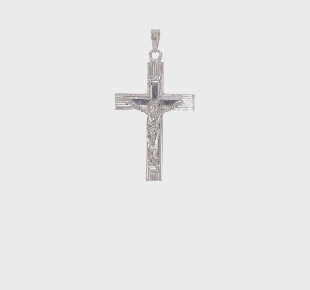 Solid 14K White Gold Striped INRI Crucifix Pendant