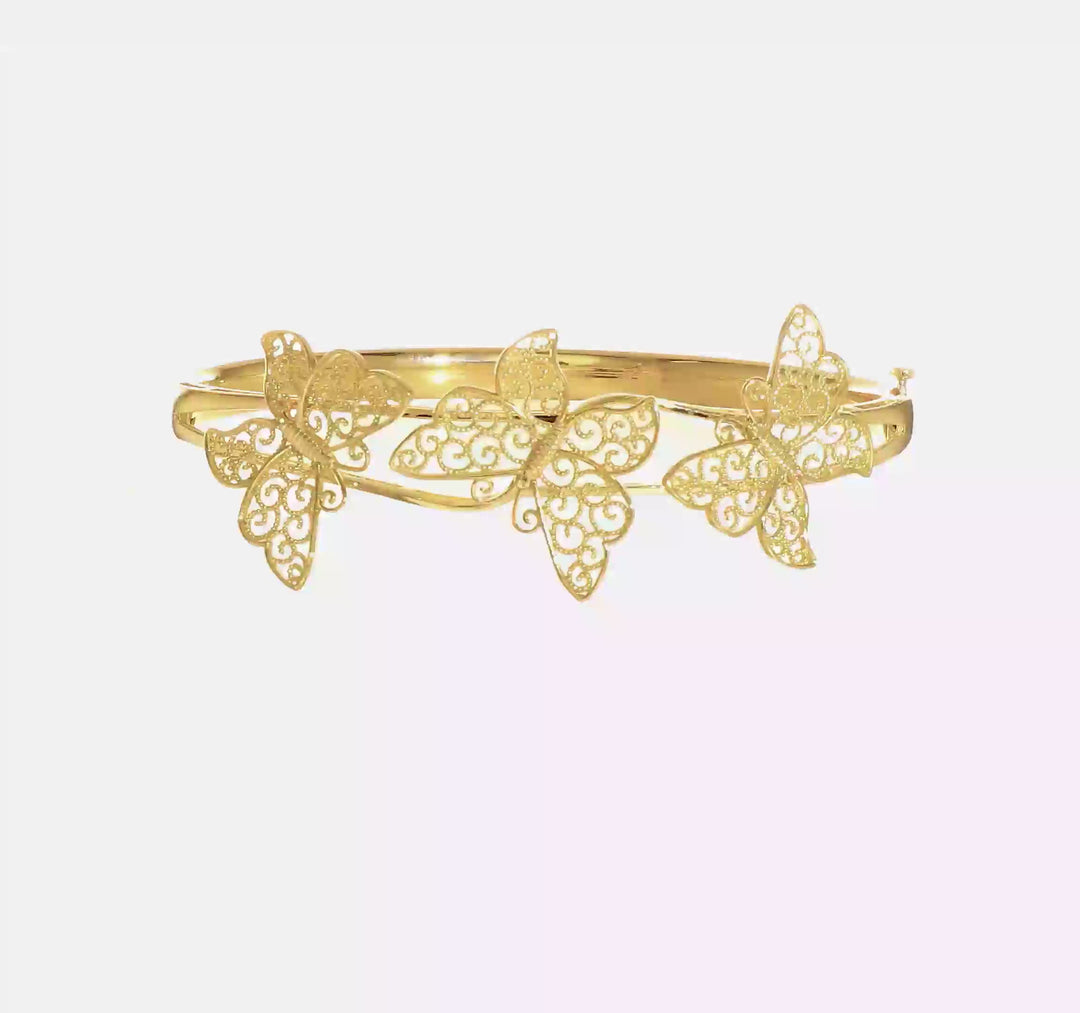14K Yellow Gold Filigree Butterfly Hinged Bangle Bracelet
