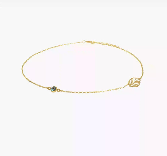 TTobillera de Oro Amarillo de 14K con Hoja y Cuenta Ojo de Vidrio con Extensor de 1 Pulgada