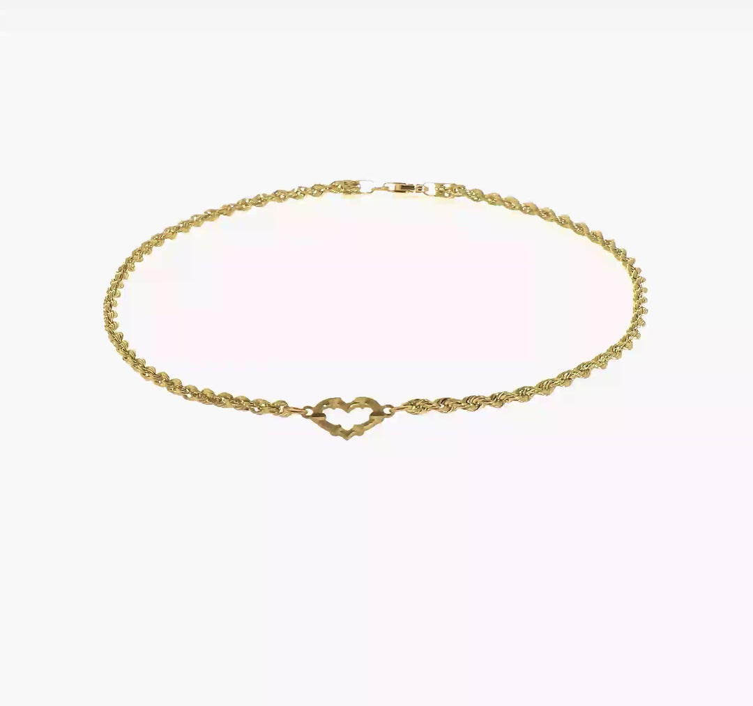 Tobillera de 14K de Oro Amarillo con Diseño de Corazón Abierto Cortado con Diamante y Cadena de Cuerda