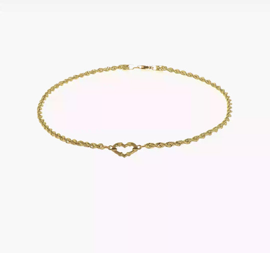 Tobillera de 14K de Oro Amarillo con Diseño de Corazón Abierto Cortado con Diamante y Cadena de Cuerda
