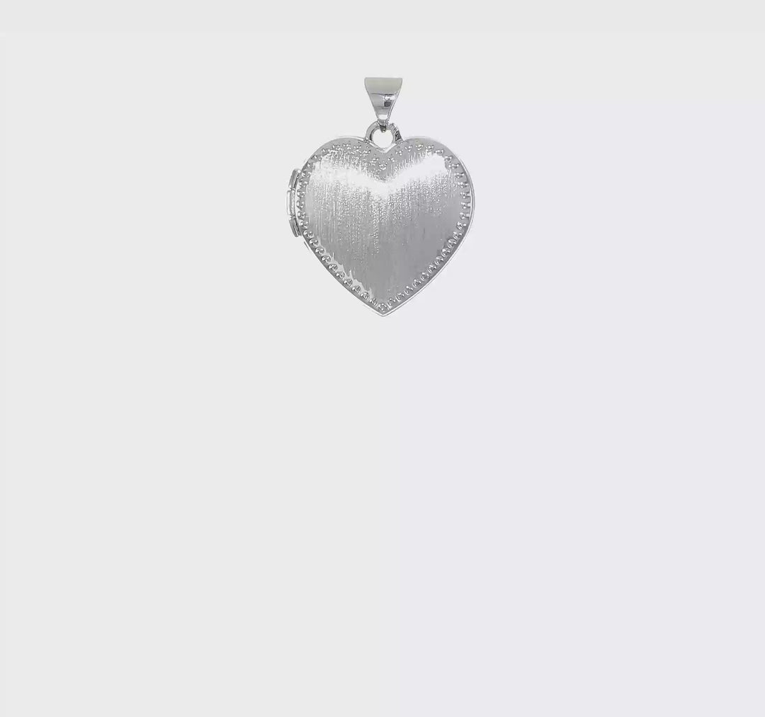 14k White Gold Heart Locket with Pearl Trim and Brushed Finish, 18mm