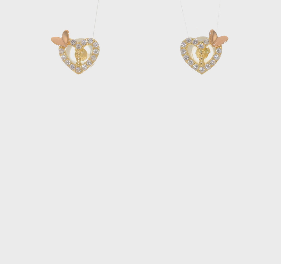 Pendientes de Corazón con Circonitas y Mariposa en Dos Tonos de 14k con Cierre Post