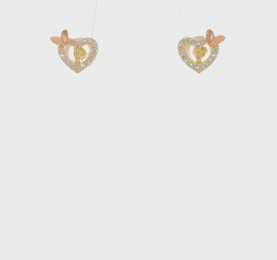 Pendientes de Corazón con Circonitas y Mariposa en Dos Tonos de 14k con Cierre Post