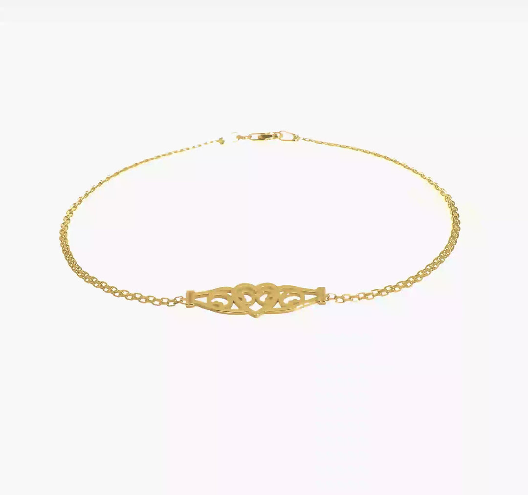 Tobillera de Oro Amarillo de 14K con Corazón de Filigrana Pulida de 10 Pulgadas