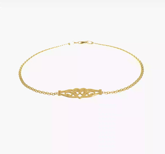 Tobillera de Oro Amarillo de 14K con Corazón de Filigrana Pulida de 10 Pulgadas