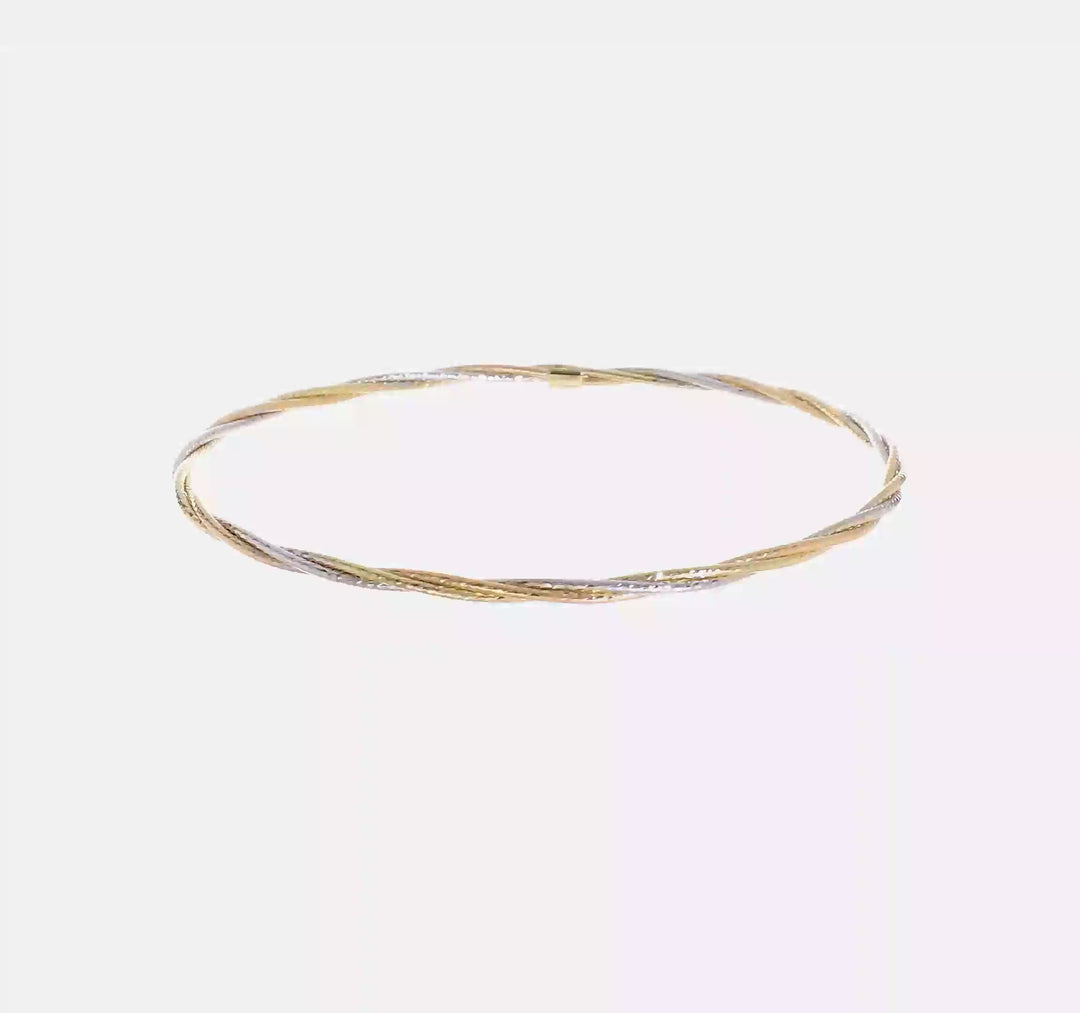 14k Gold Tri-Color Slip-on Bracelet with Diamond Cut and Twisted Texture
