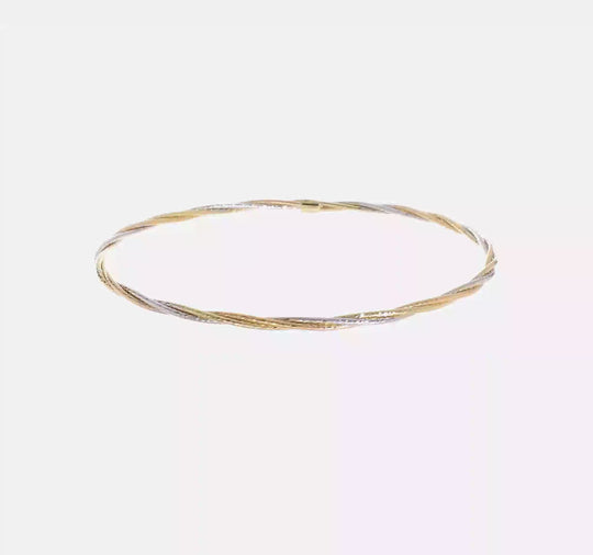 14k Gold Tri-Color Slip-on Bracelet with Diamond Cut and Twisted Texture