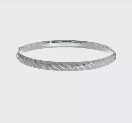 14K White Gold Textured Diamond-Cut Twisted Hinged Bangle Bracelet