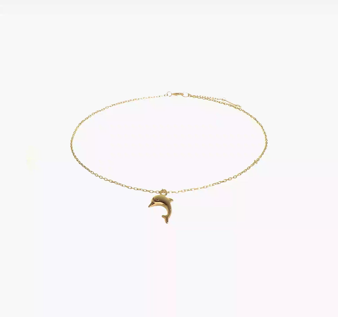 14K Gold Dolphin Charm Anklet 9 Inch + 1 Inch Extension 