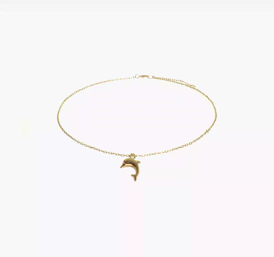 14K Gold Dolphin Charm Anklet 9 Inch + 1 Inch Extension 