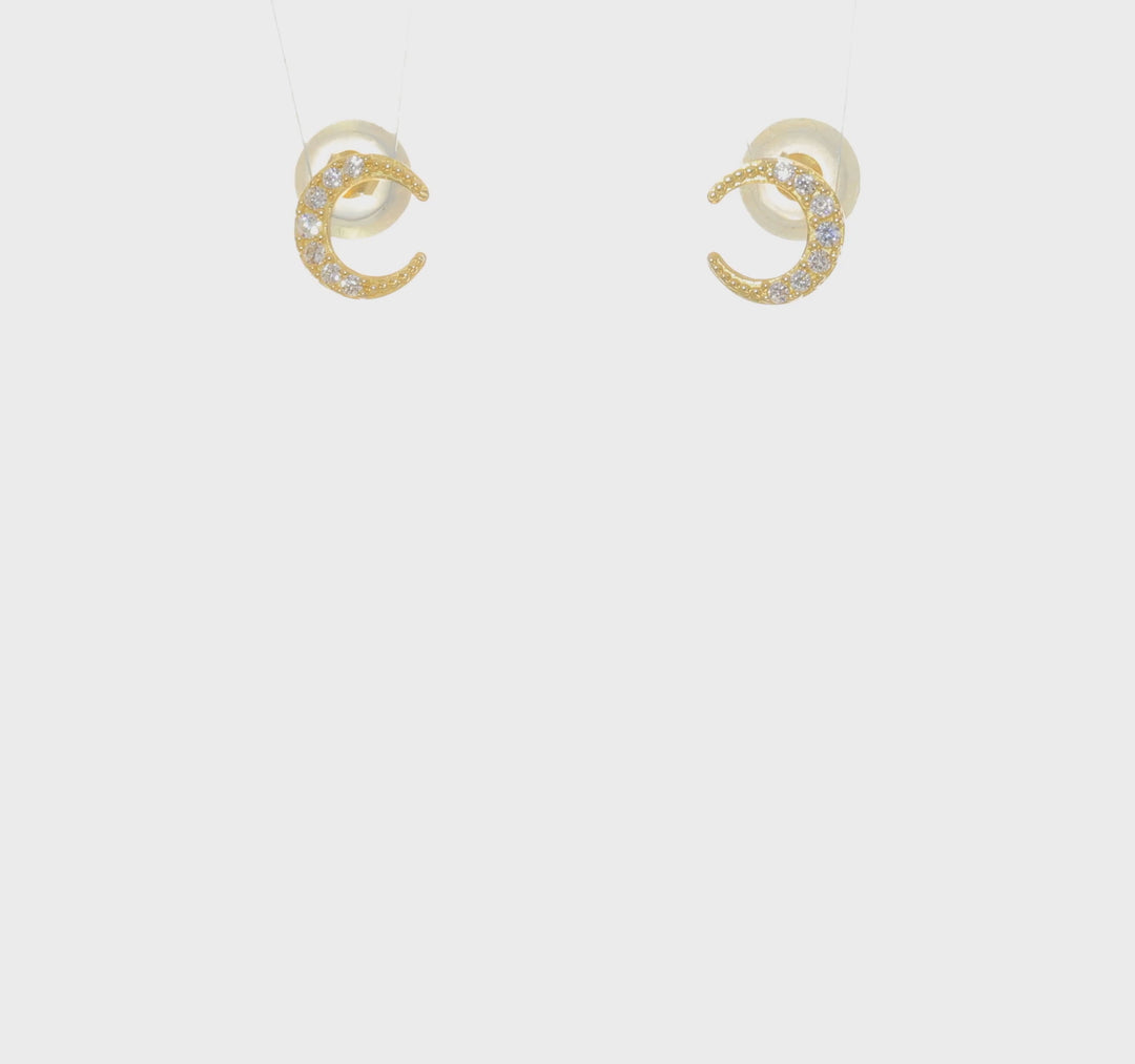 Pendientes de Botón de Oro Amarillo de 14k con Circonitas Cúbicas (CZ) en Forma de Luna