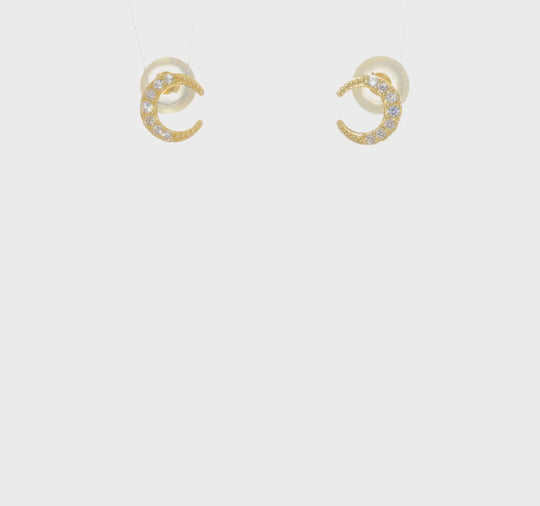Pendientes de Botón de Oro Amarillo de 14k con Circonitas Cúbicas (CZ) en Forma de Luna