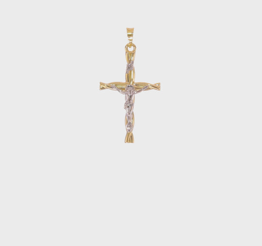 Hollow and Twisted Inri Cross Pendant in Polished 14k Two-Tone Gold