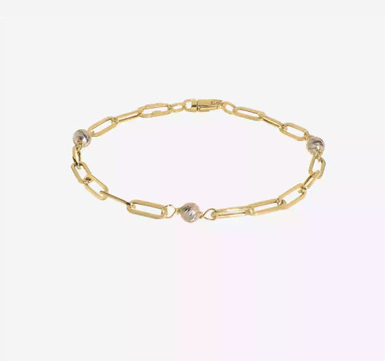 Pulsera 14K Dos Tonos Pulida con Esferas D/C y Enlace Fancy