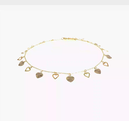 Tobillera de 14K Tri-Color con Corazones de 9 Pulgadas más 1 Pulgada de Extensión