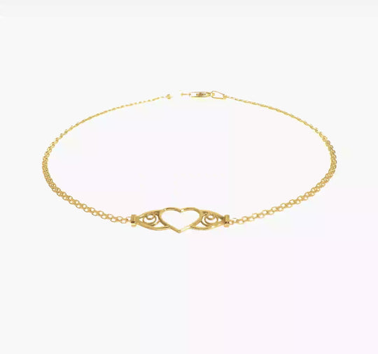 Tobillera de Oro Amarillo de 14K de 10 Pulgadas con Corazón Pulido y Cierre de Langosta