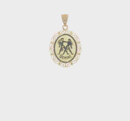 Dije Ovalado de Zodiaco Géminis de Oro Sólido de 14k Satinado y Pulido