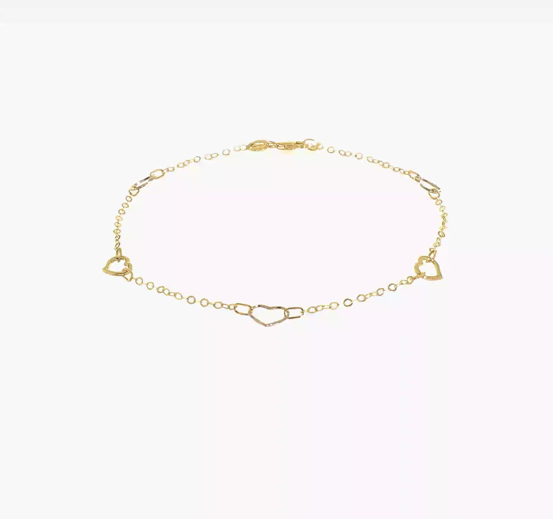 Tobillera de Corazón Pulida de 14k Bicolor de 9 Pulgadas + Extensor de 1 Pulgada
