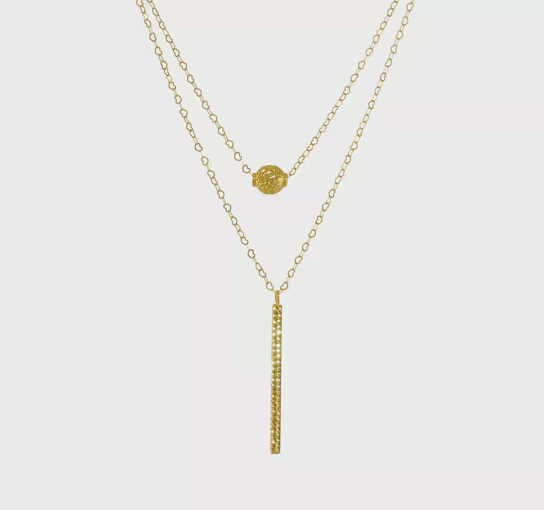 14K Double Layer Necklace with Hollow Balls and Bar with Polished Finish