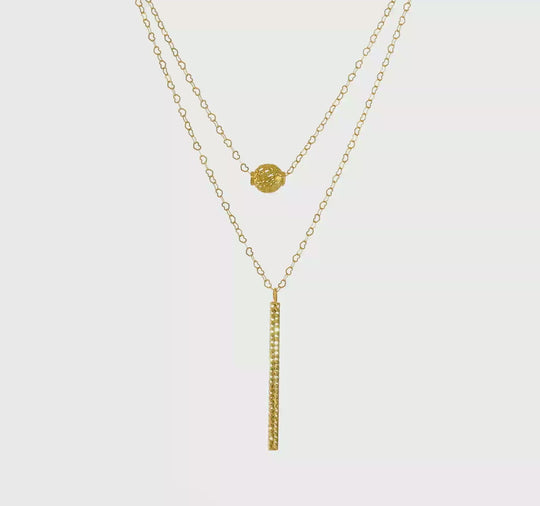 14K Double Layer Necklace with Hollow Balls and Bar with Polished Finish