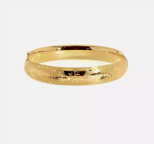 14K Yellow Gold Hinged Bracelet with Florentine Engraving and Polished and Brushed Finish