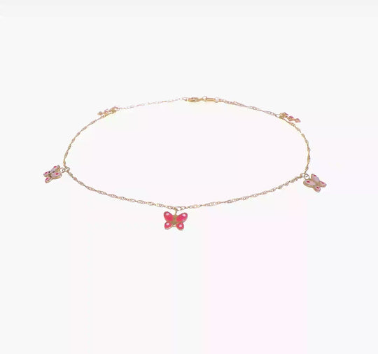 14K Yellow Gold Enameled Butterfly Anklet 9 Inch + 1 Inch Extension