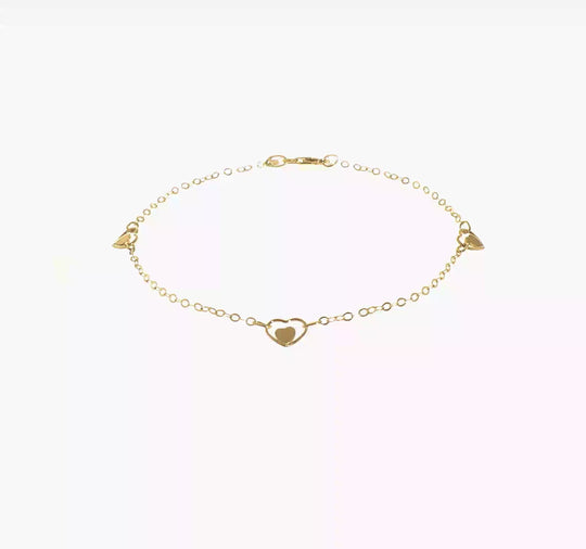 Tobillera de Oro Amarillo de 14K con Corazón Pulido y Extensor de 1 Pulgada