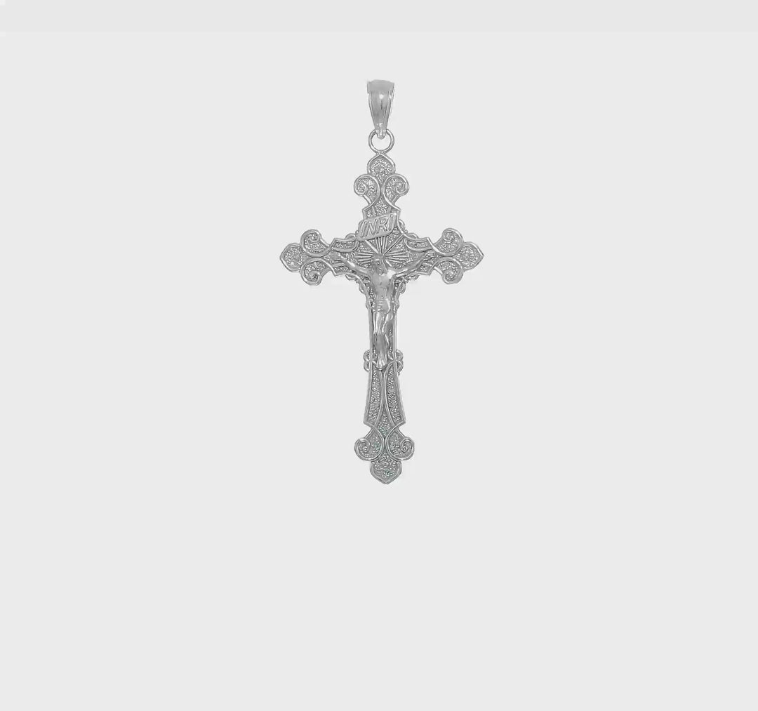 INRI Crucifix Pendant with Fleur-de-Lis and Polished Texture in 10K White Gold