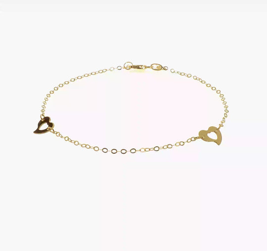 Tobillera de Corazón Pulido de Oro Amarillo de 14K de 9 Pulgadas + Extensor de 1 Pulgada
