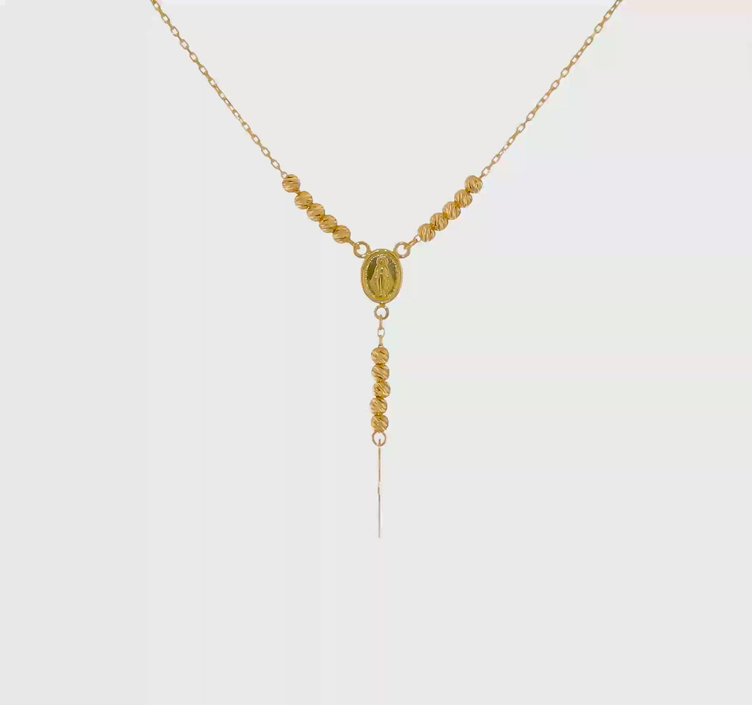 Collar de 14K en Oro Amarillo con Medalla Milagrosa, Cruz y Cuentas D/C Pulidas de 17 Pulgadas