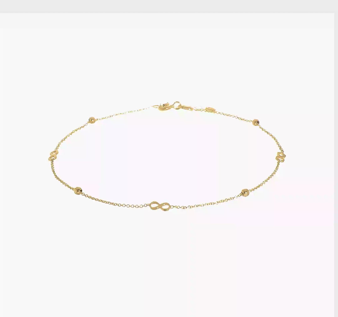 Tobillera de Oro de 14K con Infinito Pulido de 9 Pulgadas + Extensión de 1 Pulgada